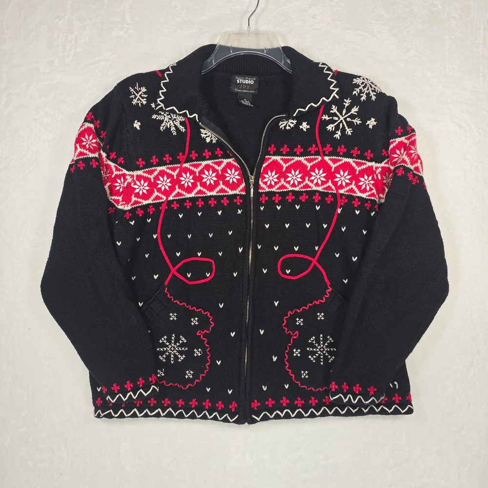 Designers Originals Studio Joy Black Fair Isle Mitten Zip Cardigan Sweater 1X